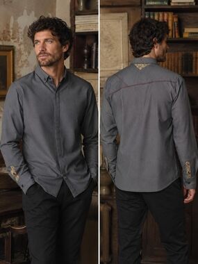 Robert Weiland Button Down Shirt Mens L Gray Micro Check Paisley Trim Boho Avant